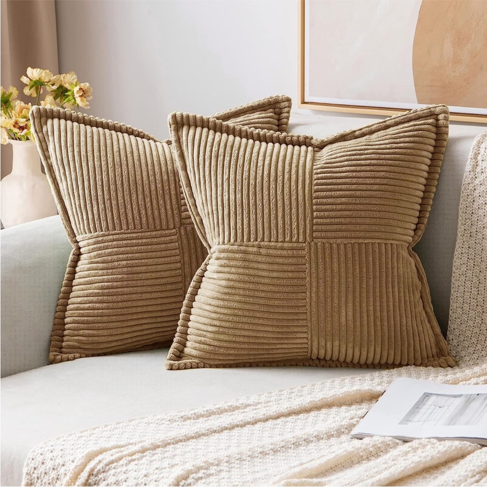 Tan Striped Texture Corduroy Decorative Farmhouse Luxury Soft Pillow Cover Set